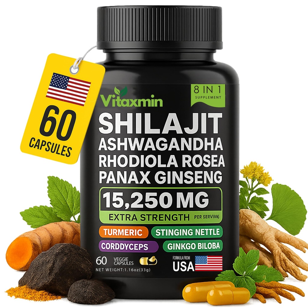 Shilajit dan Ashwagandha Capsules, 8-1 Herbal Multivitamin untuk Pria dan Wanita, dengan Rhodiola Rosea, Ginseng, dan Stinging Nettle, Shilajit untuk Pria dan Wanita