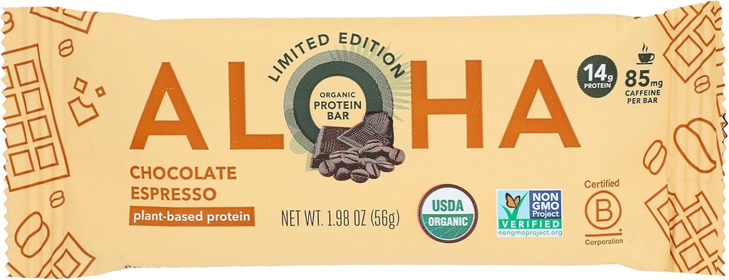 Aloha Chocolate Organic Espresso Protein Bars, 14g Plant- berbasis Protein, 85mg Caffeine, USDA Certified Organik, Gluten Free & None-GMO, 1.98 Oz (Pack of 12)