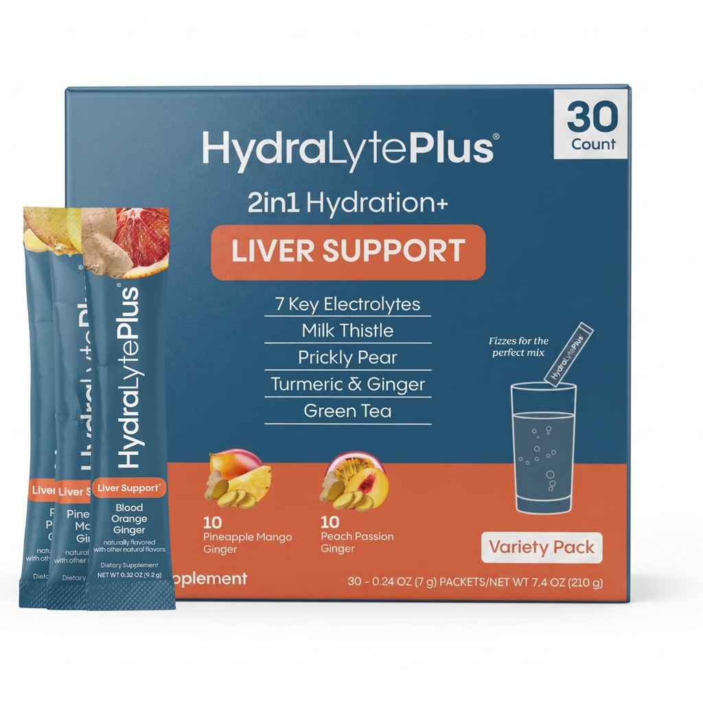 Hydralyte Liver Dukung + Electrolite Mix dengan Milk Thistle, Turmeric, Ginger, Prickly Pear, Green Tea Extract Formulate for Rapid Rehydration (Variety Flavor, 30 Paket)