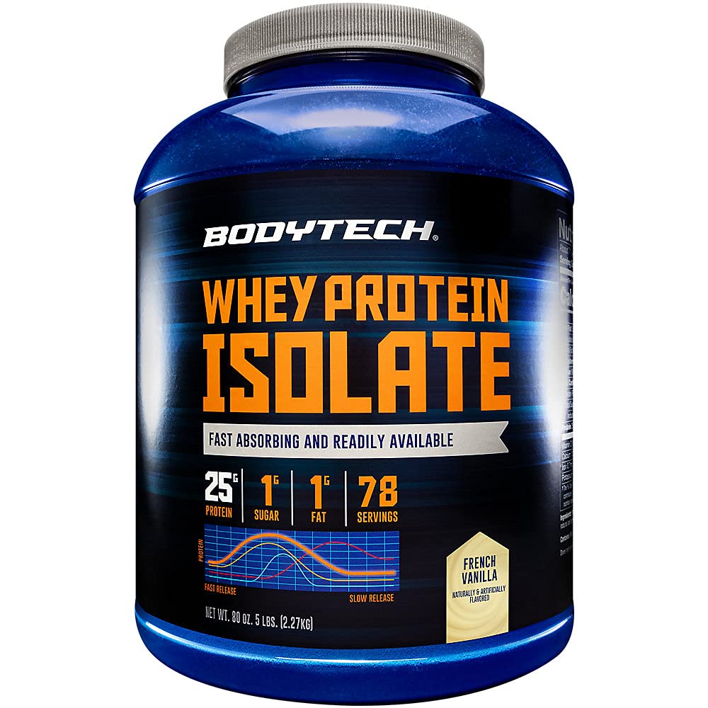 BODYTECH Whiy Protein Isolat Powder - dengan 25 Grams Protein per Serving & BCAA - Ideal untuk Post-Workout Pembangunan Muscle & Growth, Berisi Susu & Soy - Vanilla (5 Pound)