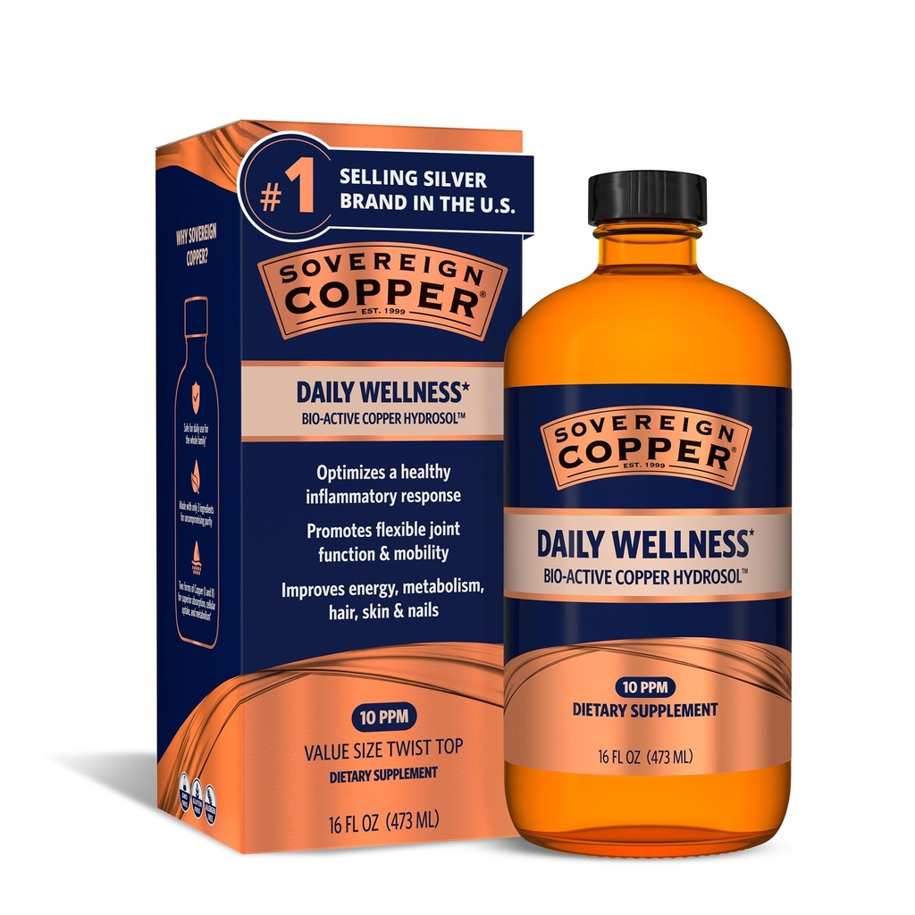 Sovereign Bio- Active Copper Hydrosol - Bioavailable CopperLiquid Suplement Suplement Copper untuk Dewata dan Anak-anak dengan Hydrosol Perak untuk Dukungan Imune, Rambut, Kulit, dan Nails - 16 fl oz (473mL)