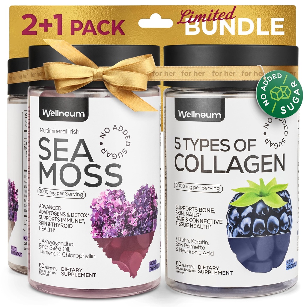 Collagen dan Sea Moss Gummies Bundle - Collagen Peptides, Irish Sea Moss, Biotin, Keratin, Bladderwrack - Suplemen Gummy untuk Kebal, Detox, Rambut sehat, Kulit dan Kuku - untuk Pria dan Perempuan