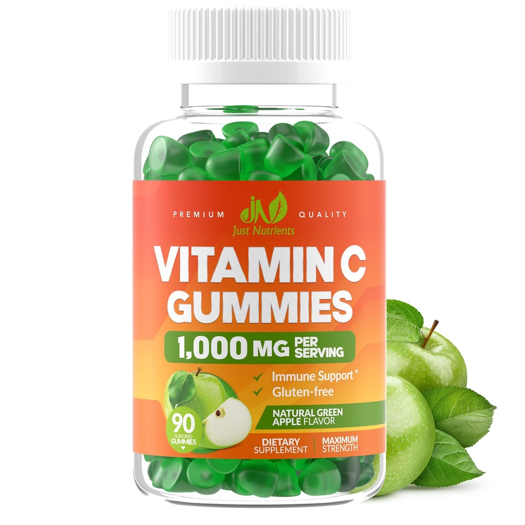 Vitamin C Gummies 100mg untuk Orang dewasa & Anak-anak - Kekuatanmaksimum Dukungan Ammuniune, Collagen Dukungan - Sour Green Apple Flavor - Gluten Bebas, Non-GMO, Vegetarian - 90 Gummies (30 Pelayan)