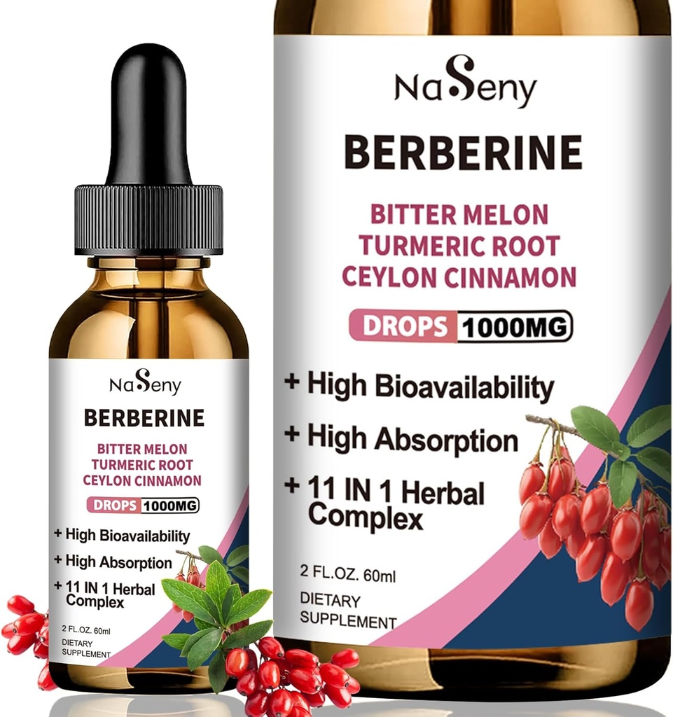 Berberine Liquid Drops- Berberine HCL Drops dengan Ceylon Cinnamon, Bitter Melon, Turmeric, Cair Herbal Extract untuk Imune & Distry Kesehatan (60ML)