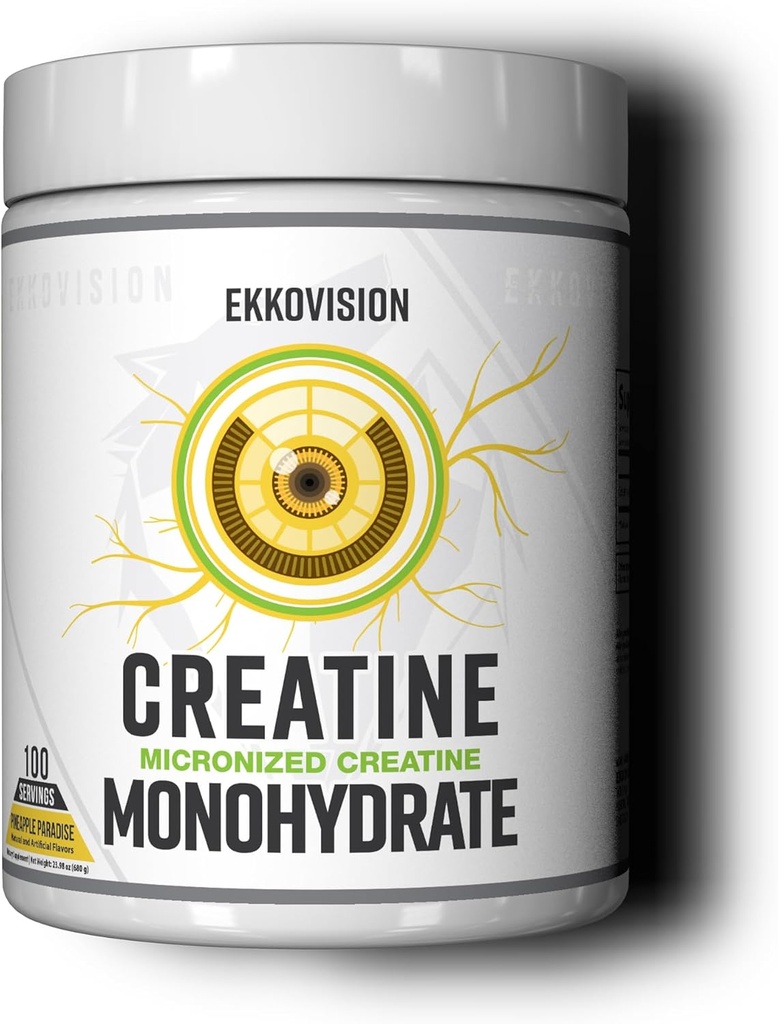 Ekkovision Creatine Monohydrate Powder, Micronized, Pineapple Paradise, Pre Workout & Post Workout Suplemen untuk Pria dan Wanita, Dukungan Energi, Mudah untuk Mix di Shakes, Smoothies & Beverage, 100 Srvgs