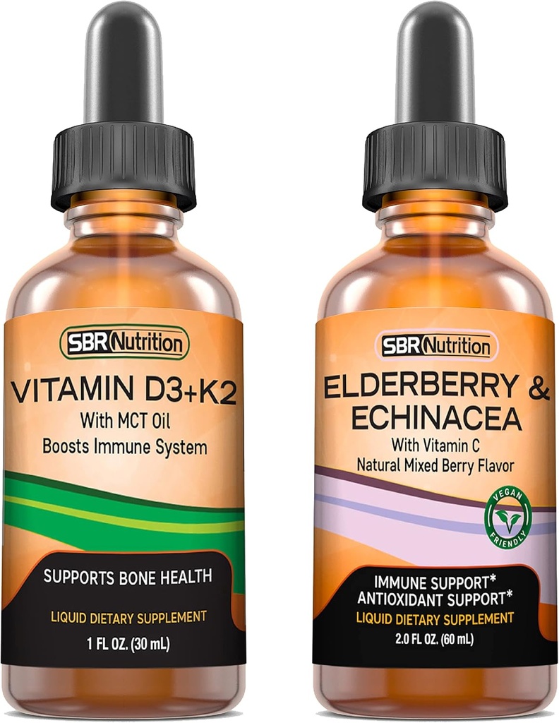 SBR Nutrition D3 + K2 dan Elderberry Bundle Vitamin D3K2 (MK7) Liquid Drops, Peppermint, 1oz 124berry & Echinacea & Vitamin CC Liquid Drops, 2oz 124; Dewasa & Anak-anak, None-GMO, Gluten Free