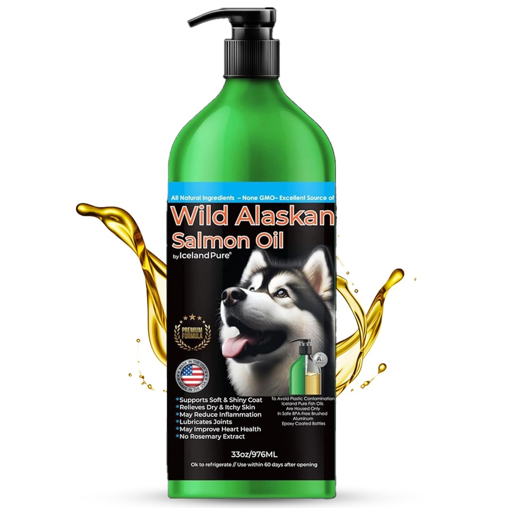 Islandia Pure Wild Alaska Salmon Oil for Dogs & Cats, Omega-3 Fish Oil, Liquid Suplement for Pets, Support Immune System & Heart Health, 33oz