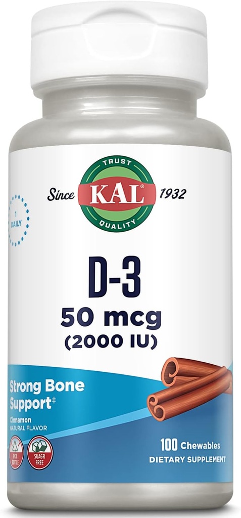 KAL Vitamin D3 Chewables 50 mcg, Vitamin D 2000 IU sebagai Cholecalferol, Sugar Free, Natural Cinnamon Flavor D3 Vitamin, Ammune Dukung & Bone Health, 100 Pelayan, 100 Chewables