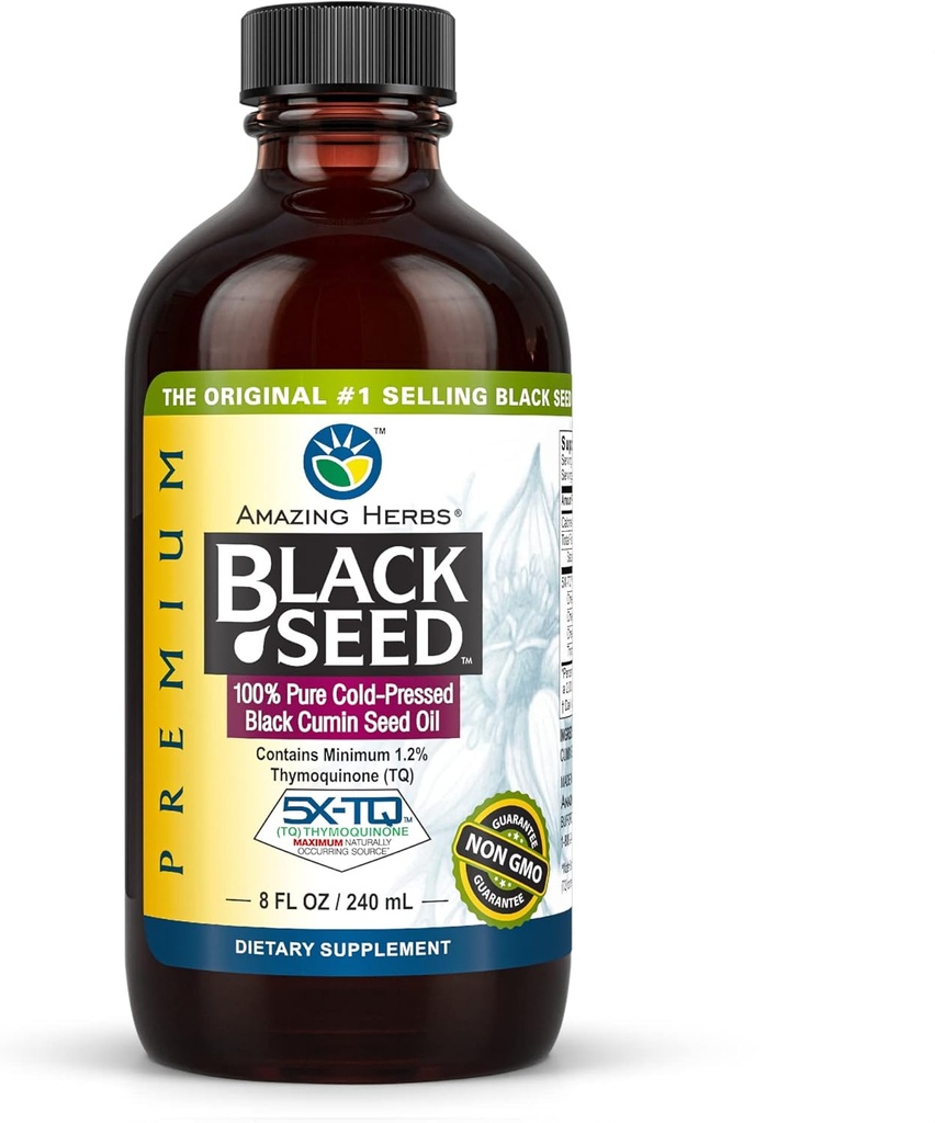 Amazing Herbs Premium Black Seed Oil - Gluten Free, Non GMO, Cold Menekan Nigella Sativa Aids in Digetical Health, Imune Dukungan, Fungsi Otak - 8 Fl Oz