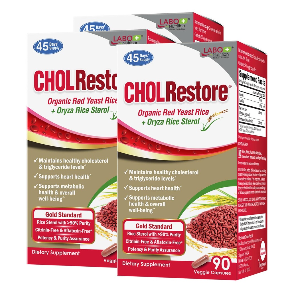 NUtrition CHOLRestore - Red Yeast Rice dengan Tambahan Kesehatan Phytosterol, Mendukung Tingkat Cholesterol sehat, Citrinin & Aflatoxin Bebas, 90 Vege Capsules 3x3