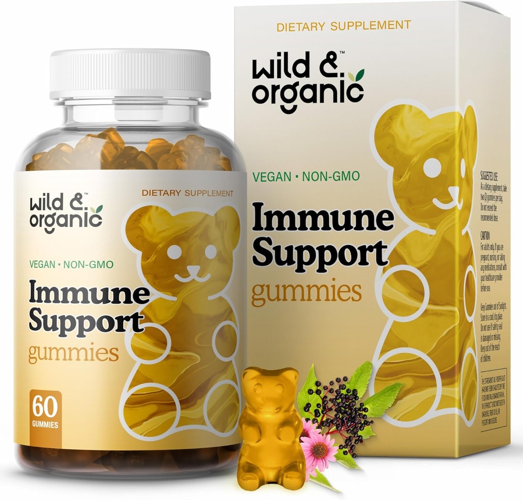 Wild & Organic Ammune Dukung Gummies - Elderberry 100mg & Vitamin C 500mg - Natural Ammune Suppplemen - Vegan Immunity Gummies dengan Vitamin C D Zinc - 60 Count