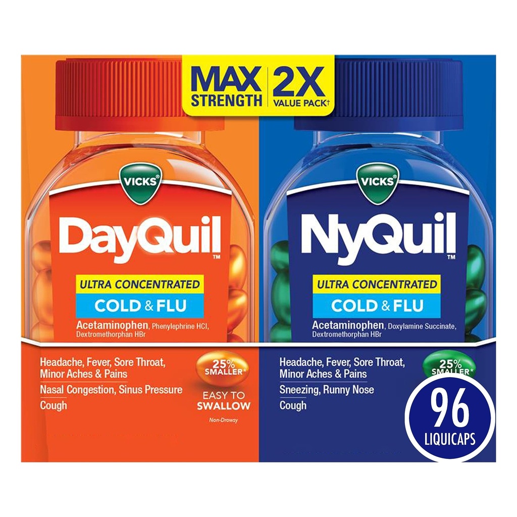 Vicks DayQuil & NyQuil Ultra Terkonsentrasi Liquicaps Co- Pack, Cold & Flu Medicine, powerful Multi- Symptom Daytime & Nighttime Relief for Headache, Fever, Sore Throat, Minor Aches & Pains, & Cough, 96ct