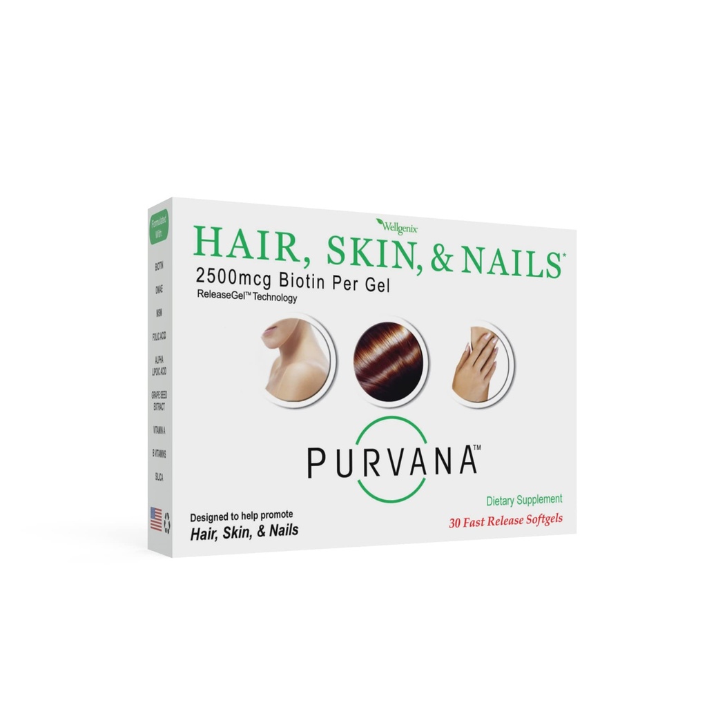 Wellgenix Purvana Hair, Skin, dan Nails Vitamin - 2500mcg Biotin, Folic Acid, DMAE, Grape Eed Extract - Satu hari Softgels - PCOS & Postpartum Kehilangan Rambut - (30 Count)