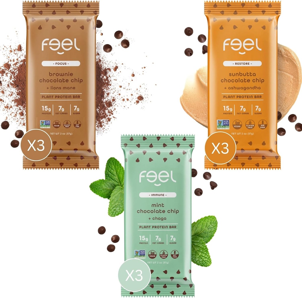 Feel Vegan Protein Bars 124; Chocolate Lovers 124; Keto 124; Gluten Free Gluten Free 124; Organic 124; Lions Mane 124; Chaga 124; Ashwagandha 124; 15g Protein 124; Low Sugar 14; Non GMO 124; Sunbutta + Brownie + Mint - 9 Pack