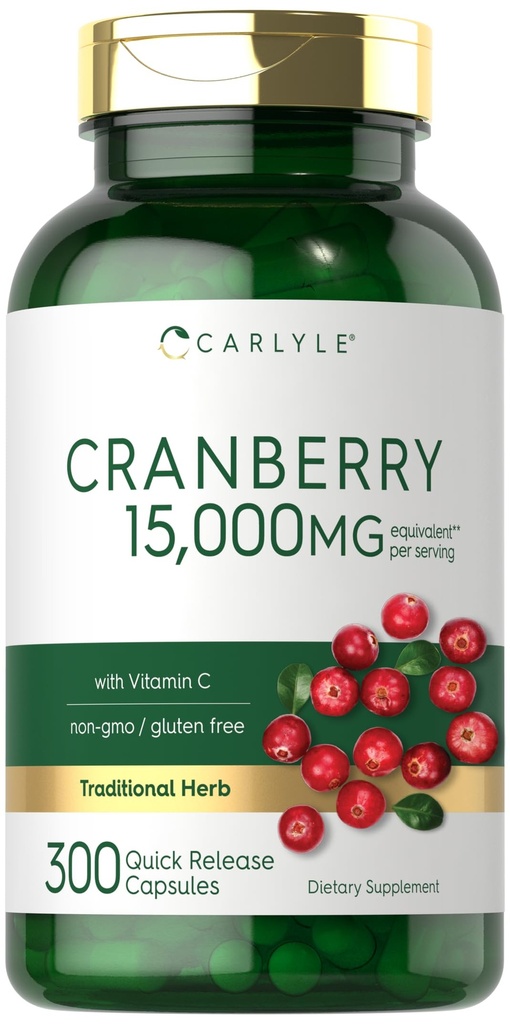 Carlyle Cranberry Pills 15000mg 124; 300 Capsules 124; Herb Extract Suplement; untuk Perempuan dan Pria 124; dengan Vitamin C 124; Non-GMO & Gluten Bebas