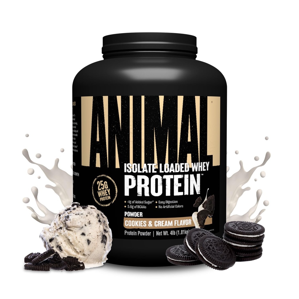 Animal Whey Isolate Protein Powder - Termuat untuk Pre & Post Workout Muscle Builder dan Recovery dengan Digetical Enzymes untuk Pria & Women - 25g Protein, Great Taste, Low Sugar - Cookies & Cream 4 Ibs