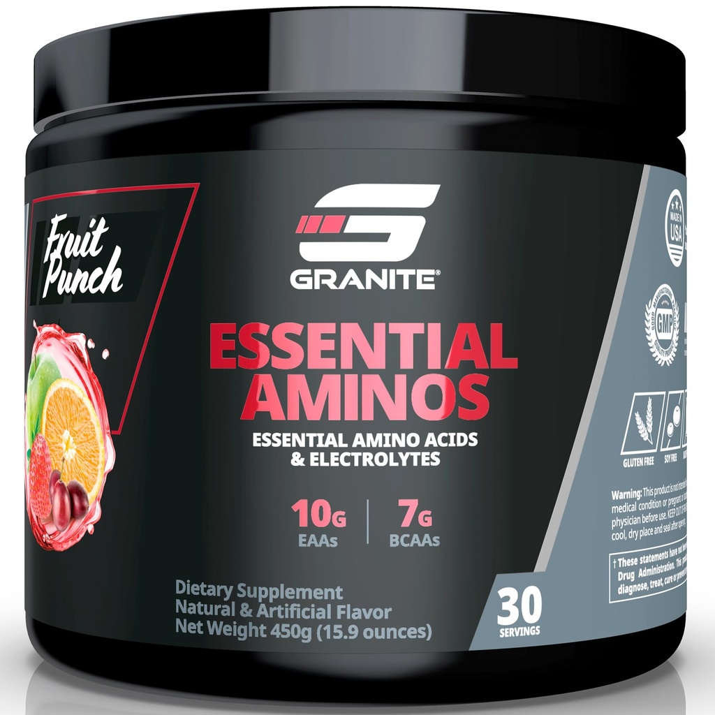 Granite Espine Amino Acids Powder for Muscle Recovery and Growth with 10g EAS and 7g BCAAs - Soy- Free, Gluten- Free, 448g (30 Servings), Fruit Punch Flavor