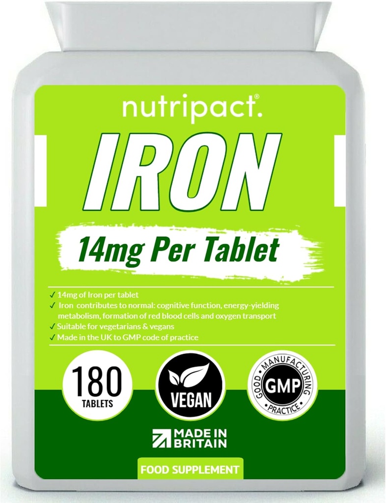 Iron Tablet 14mg - Mudah untuk menelan satu hari Formula - Membantu Mengurangi Tiredness & Fatigue, Energy Booster, Mendukung Sistem Imune, Pembentukan Sel Darah Merah - 6 Bulan Suppplemen - 180 Vegan