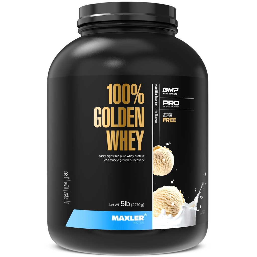 Maxler 100% Golden Whey Protein - 24g dari Protein per Serving - Premium Whiy Protein Powder untuk Pre Post Workout - Fate-Absorbing Whey Konsentrat, Isollate & Hydrolysate Blend - Vanilla Ice Cream 5 lb
