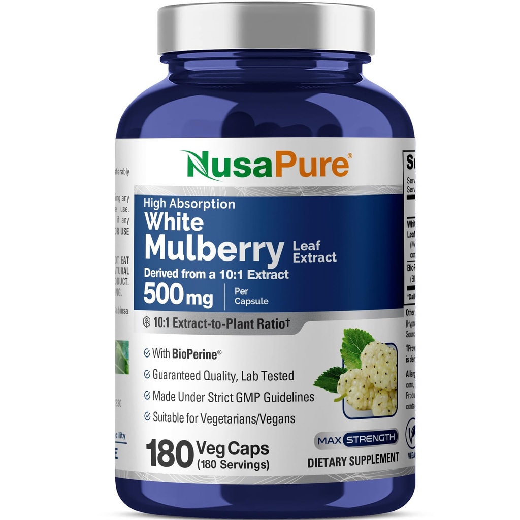 NusaPure White Mulberry Leaf Extract 10: 1 Ekstrak, 500 mg Equivalen ke 5000mg 180 Veg Caps (Vegan, Non GMO Bioperin)