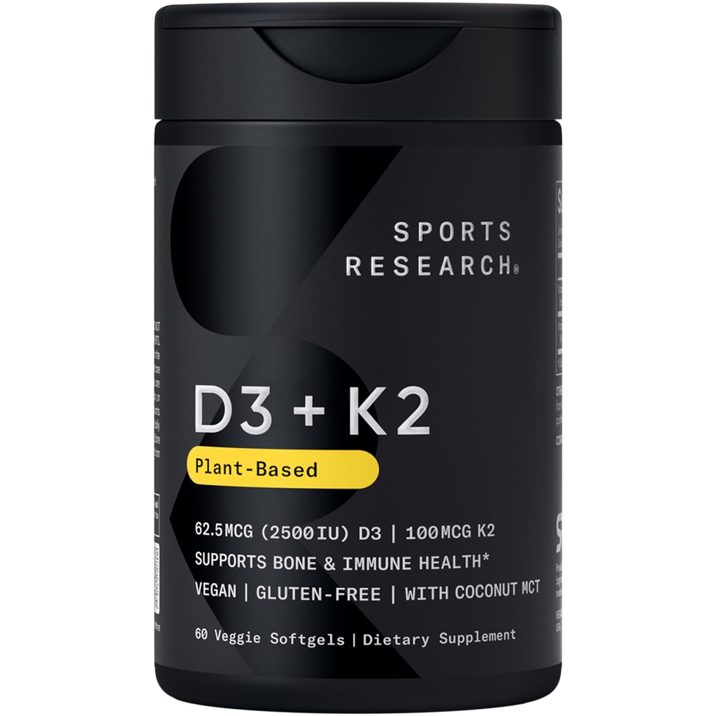 Riset Olahraga ® Vitamin D3 + K2 w / Coconut Oil - Vegan Vitamin D 2500iu (62.5mcg) & MK7 Vitamin K 100mcg untuk Dukungan Bone & Imune - Vegan Sertifikasi GMO (62.5mcg Gratis - 60 Softgeels