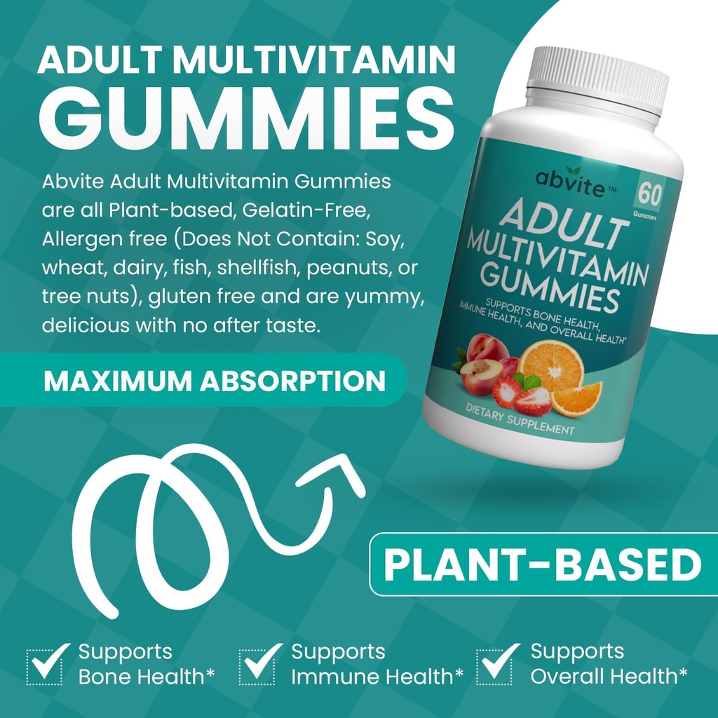 Plant-Based Multivitamin Gummies, Daily multivitamin for Men and Women with Vitamin A, C, D, E, B-3, B-6, B-12, Biotin, inosiol, Non-GMO, Gluten Free, 60 Count (Tambahan 30 Hari)