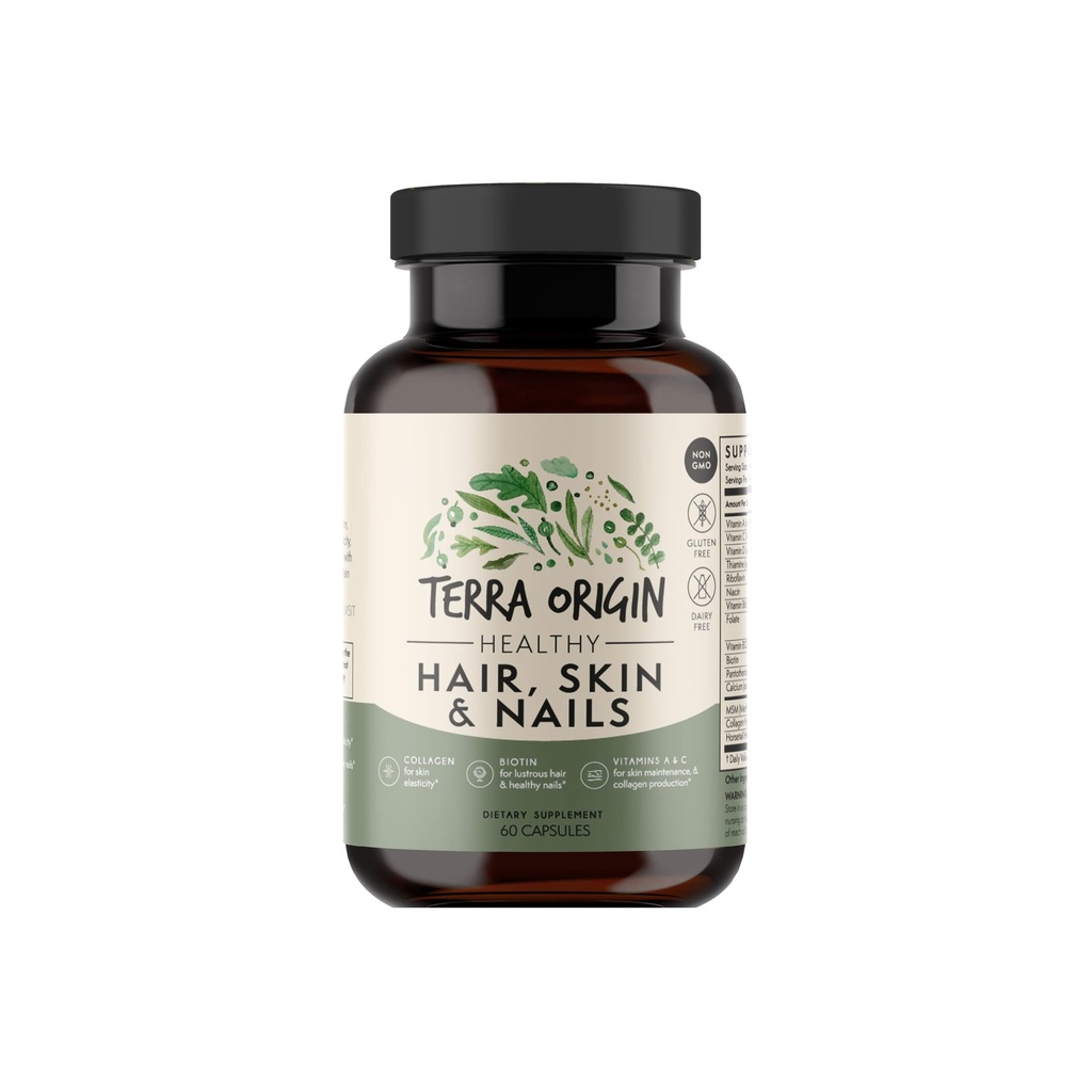 TERRA ORIGIN Heally Hair, Skin and Nails Supplemen 124; Collagen, Biotin, Horsetail & B- Complex 124; Supports Hair, Skin Elasticity & Nail Growth 124; Vitamin for Women and Men 124; 60 Capsules