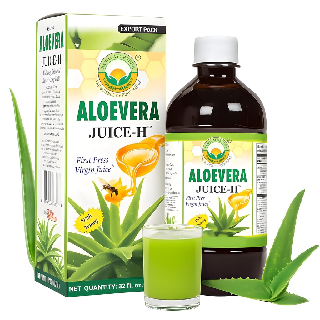 BASIC AYURVEDA Aloe Vera Juice dengan Honey 32.46 Fl Oz (960ml): Supports Digetical Health, Hidration & Skin Wellness 124; Cold Pressed Herbal Juice 124; Natural Cleanse 124; No Added Sugar