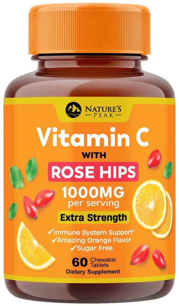 Vitamin C 100mg Cherible Supplement - Ekstra Kekuatan Imune Dukungan Vitamin C Dietary Suplemen dengan Rose HIPS, Nature VitaminC Antioksidant Dukungan, Natural, Vegan, Orange Flavor - 60 tablet