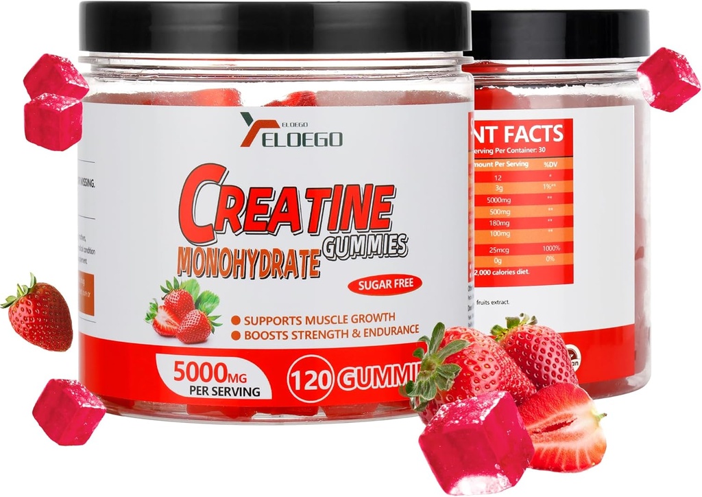 Cretine Monohydrate Gummies 5000mg Sugar Free for Men & Women, with L-Taurine + Vitamin B12 for Muscle Strength, Muscle Builder, Energy Boost, Pre- Workout Supplemen, Strawberry, 120 Count