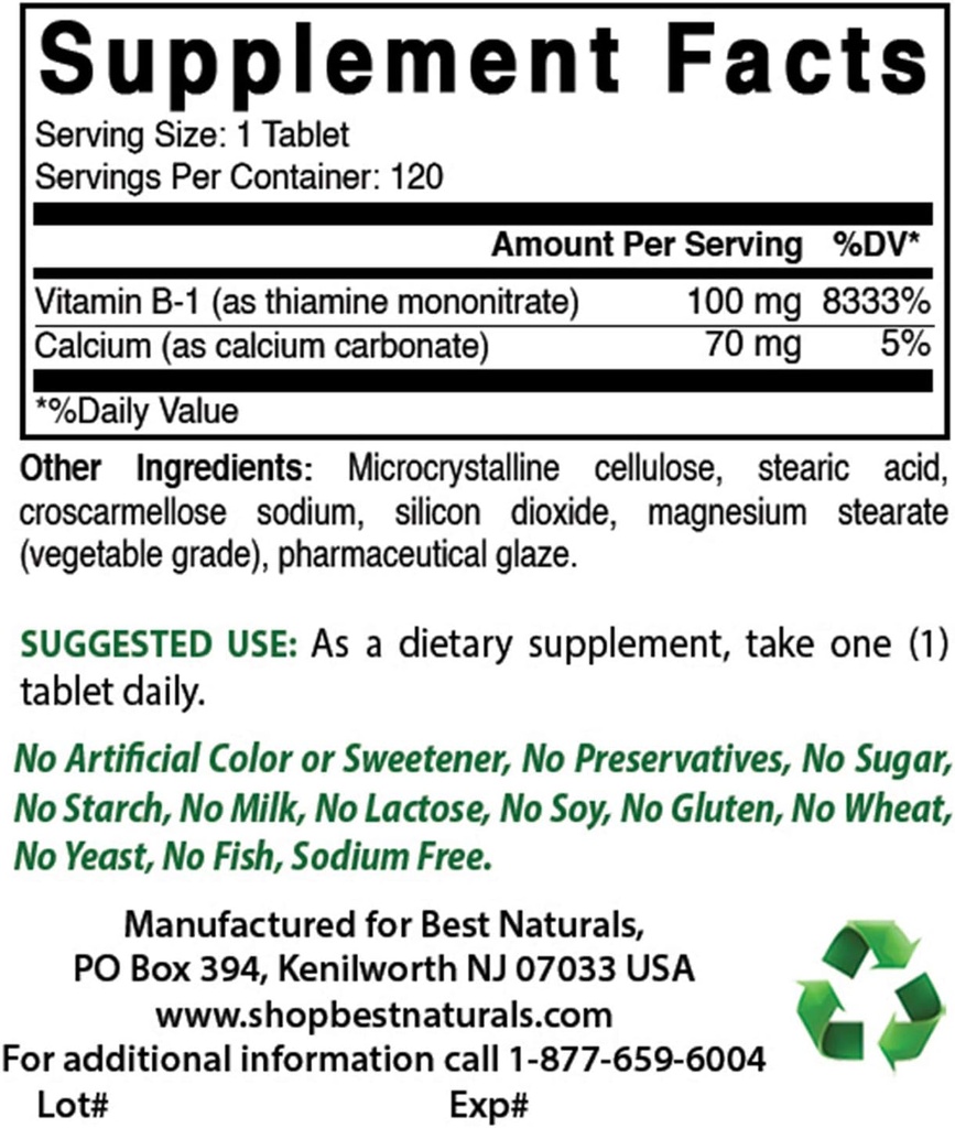 Terbaik Vitamin B1 sebagai Thiamine Mononitrate 100 mg & Vitamin B-6 25 Mg