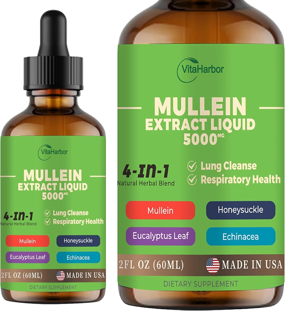 4-in-1 Mullein Drops for Lungs, Organic Mullein Leaf & Honeysuckle & Eucalyptus Leaf & Echinacea Extrates, untuk Lung Cleanse, Imune & Respiratory Dukung, Sugar- Free 124; Non-GMO 124; Vegan, 2 Fl oz