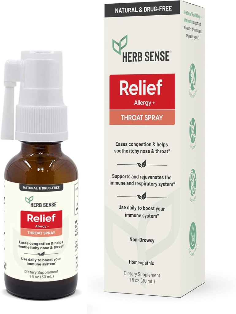 Herb Sense Allergy Relief, Throat Spray, Cooling & Soothing, Daily Support, Drug-Free, Natural, Ammune Dukungan, 1 oz, Gluten- Free, Non-GMO