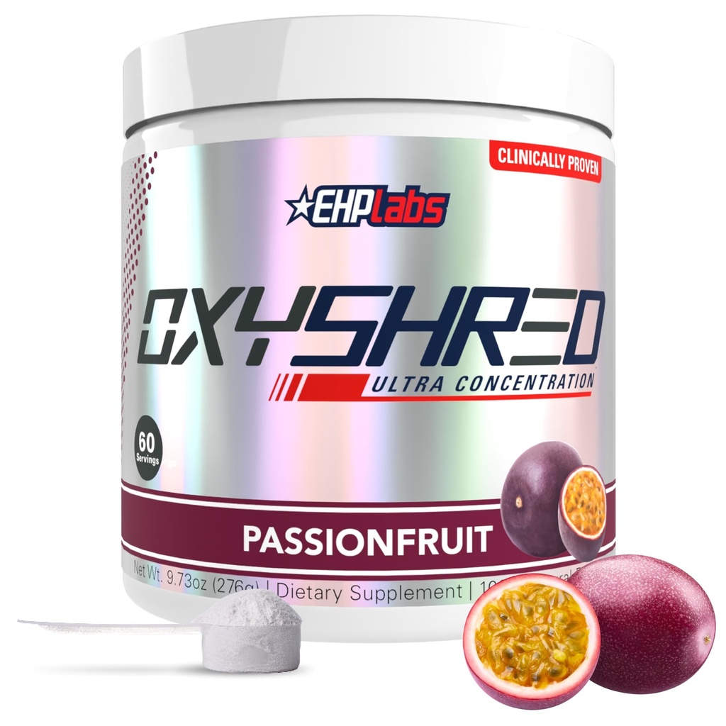 EHP Labs OxyShred Pre Workout Powder & Shredding Suplement - Pretraining Powder with L Glutamine & Acetyl Carnitine, Energy Boost Drink - Passionfruit, 60 Servings