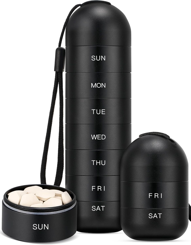 Zannaki Upgrade Large Metal Travel Pill Organizer, Waterproof Weekly Pill Box, Portable Aluminum Alloy Pill Case Container, BPA Free 7 Day Medicine Organizer Hoder for Vitamin, Pil, Tambahan