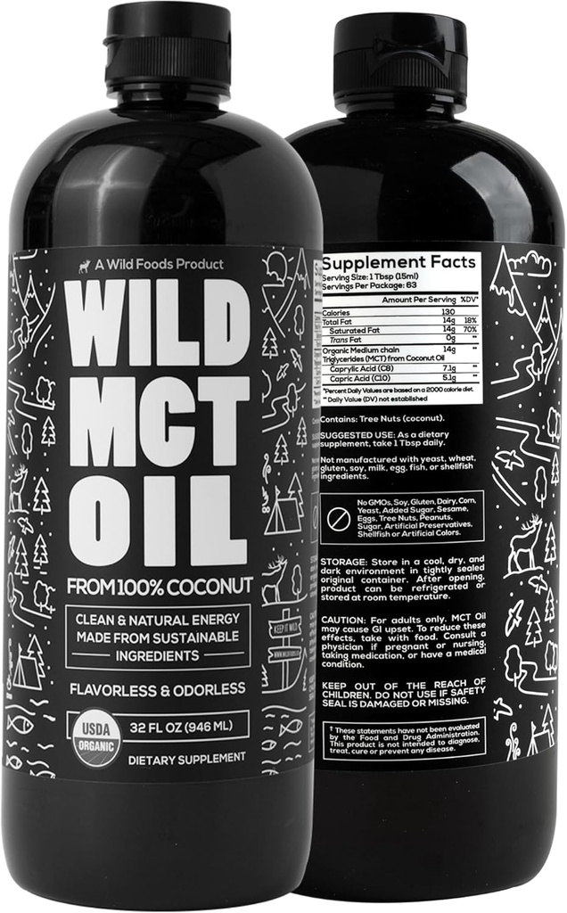 Wild MCT Oil Organic Coconut - 32 fl oz - dari 100% Natural Coconut - Flavorless & Odorless C10 / C8 MCT Minyak untuk Dukungan Energi & Kognitif - Keto- Friendly - Sempurna untuk kopi, Shakes & Recipes