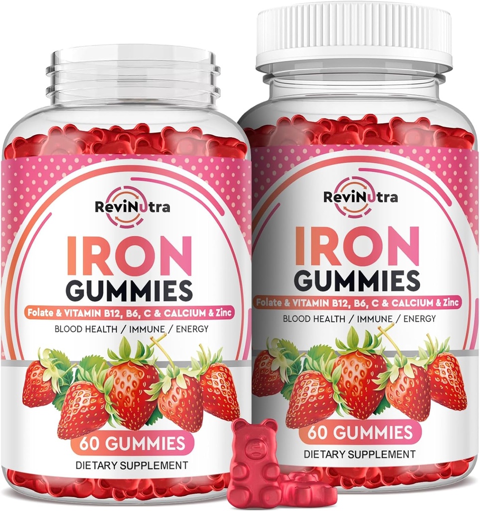 Iron Gummies - with Calcium, Zinc, Folate & Vitamin B12, C, B6 for Dewata & Anak-anak - Blood Builder & Energy Dukungan untuk Deficiensi Besi, Anemia, Vegan - 2 Pack Strawberry Flavour, 60 Gummies