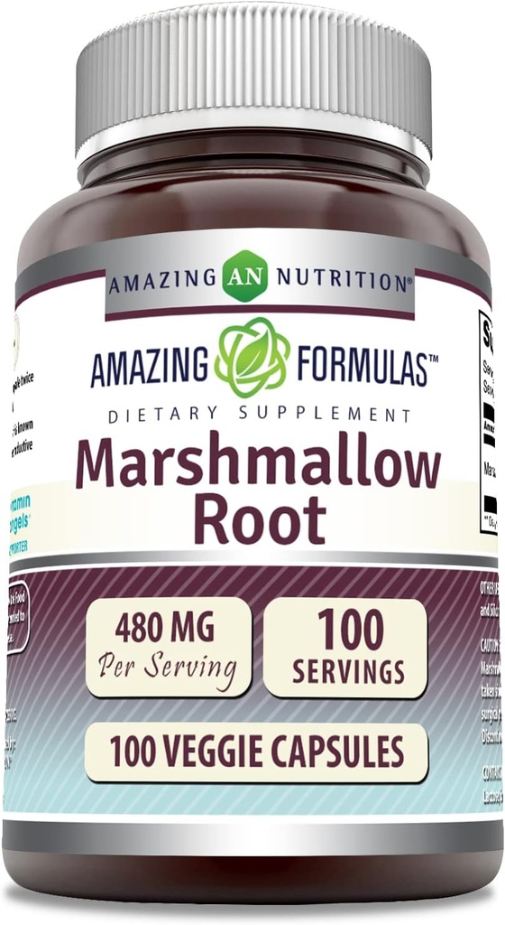 Amazing Formulas Marshmallow Root Supplemen 124; 480 Mg Per Serving 124; 100 Vevgie Capsules 14; Non-GMO 124; Gluten Free Alag4; Made in USA
