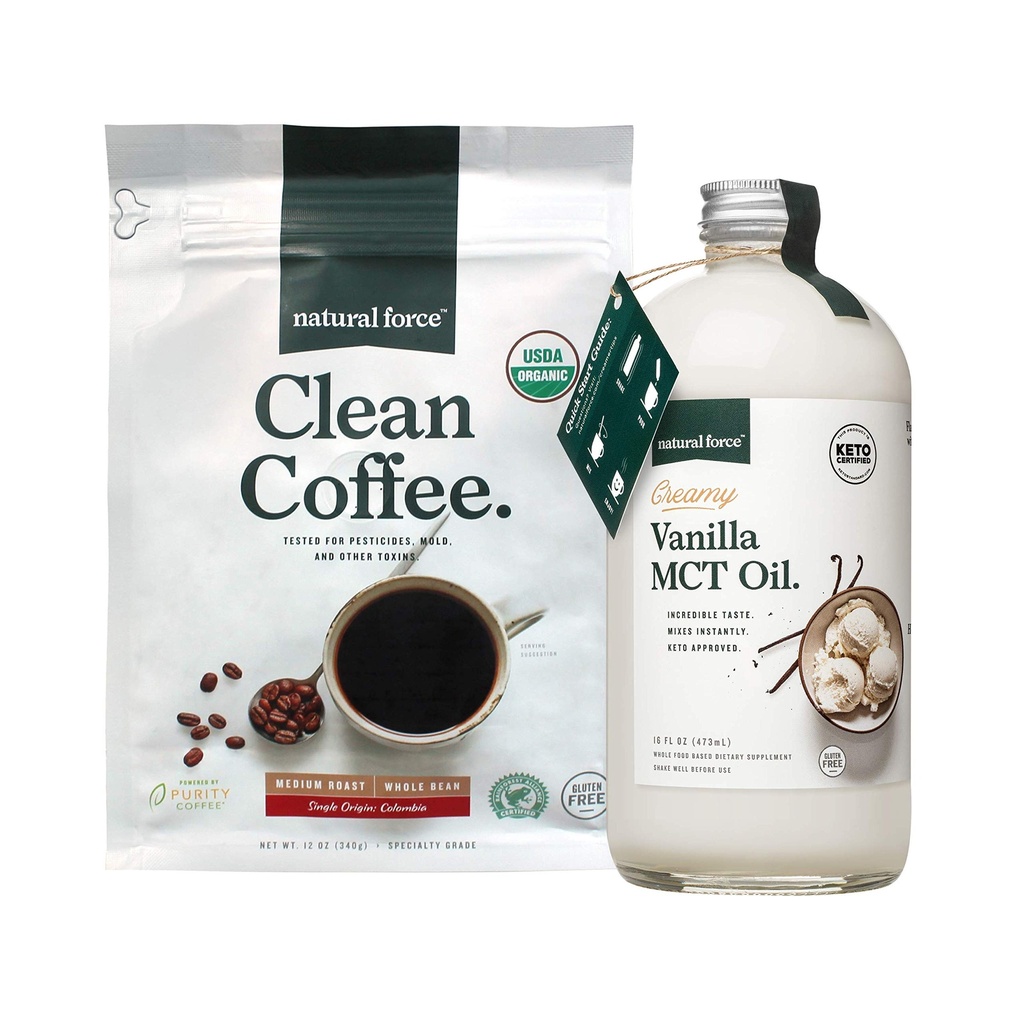 Natural Force Organic Clean Coffee + Creamy Vanilla MCT Oil Bundle - Flavarted MCT Creamer & Mold & Mold & Mycotaxine Free Coffee - Non-GMO, Keto, Paleo, and Vegan - 12 Oz Bag and 16 Oz Glass Bottle