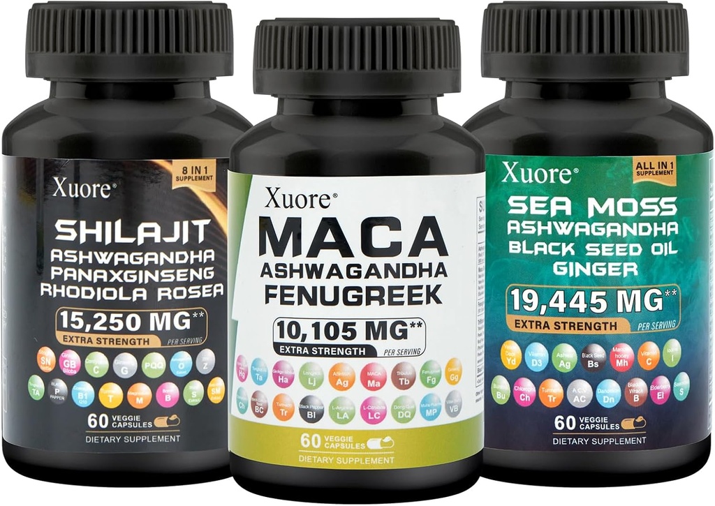 Bundle of Sea Moss, Shilajit, Maca, Black Seed Oil, Ashwagandha, Ginger, Shilajit, Rhodiola Rosea, Panax Ginseng, Maca Root, Fenugreek, Teribranol100X, Semua dalam 1 Paket