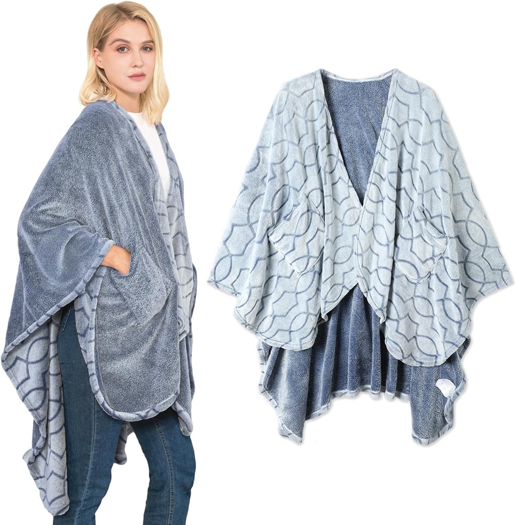 Bleeself Double- Sided Wearable Blanket Ultra Soft Flannel Shawl Blanket, Exversible Blanket, dengan Pockets, untuk Perempuan dan Pria