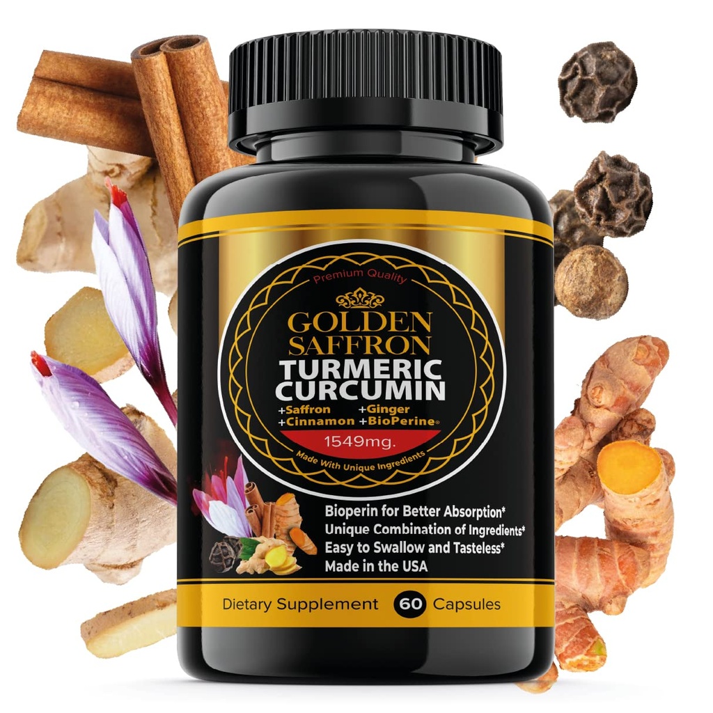 GOLDEN SAFFRON Turmeric Curcumin Suplement with Bioperine, Saffron, Cinnamon, and Ginger - High Potency, Non-GMO, Gluten- Free Supplemen untuk Efektivitas yang lebih baik. Dibuat di Amerika Serikat