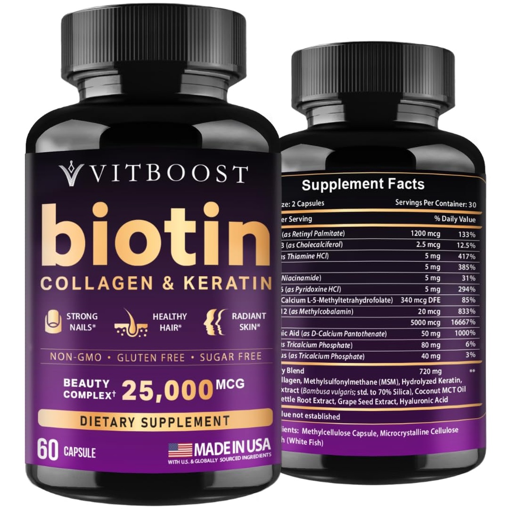 VITBOOST Biotin dengan Acid Hyaluronic, Collagen dan Keratin - 25000 mcg Growth Growth untuk Pria dan Wanita - Nails dan Skin, Amerika Serikat Dibuat - Teruji Partai Ketiga, B1, B3, B6, B7 Kompleks - 60 Capsules