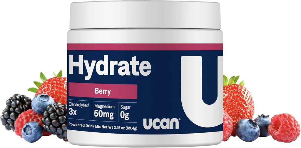 UCAN Hydrate Electrolite Drink Mix (Berry, 30 pelayan) Sugar- Free, Keto-Friendly, Vegan, Non-GMO, Gluten- Free Electrolite Powder with Potmorsium & Magnesium for Runners & Athletes