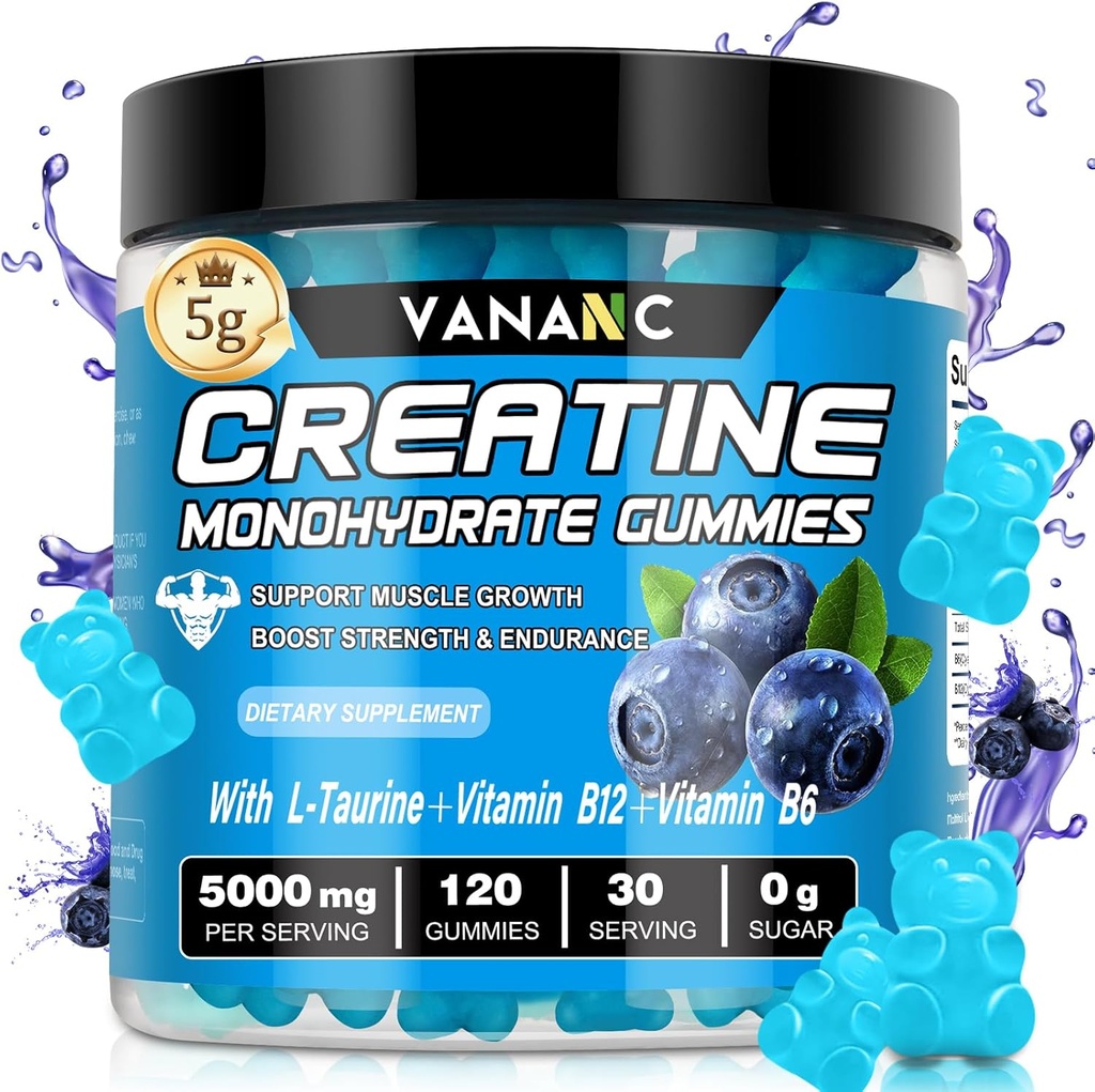 Creatine Monohydrate Gummies 5000 mg for Men & Women, Sugar Free, Low in Calories, with L-Taurine + Vitamin for Increasing Muscle Strength
