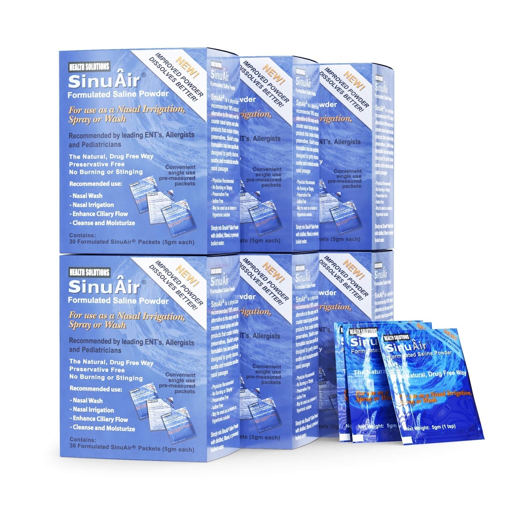 SinuAir Sinus Rinse Salt Solution - Saline Powder for Sinupulse System, Neti Pot Flush, Nasal Squeze Bottle, & Nose Irrigation, Enhanced Formulation & Cleaning for Sinuses, 180 Packets