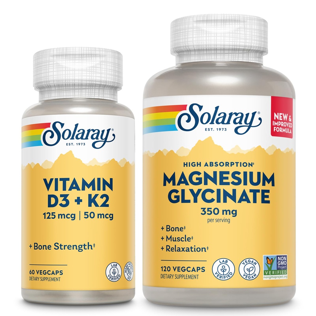 SOLARAY Vitamin D3 K2 dan Magnesium Glycinate - Bone Health Bundle - Calcium Absorpsi, Nerve, Heart and Imune Dukung w / 5000 IU Vitamin D, 350mg Chemated Magnesium, 60- Day Asurantee, 60ct / 120ct