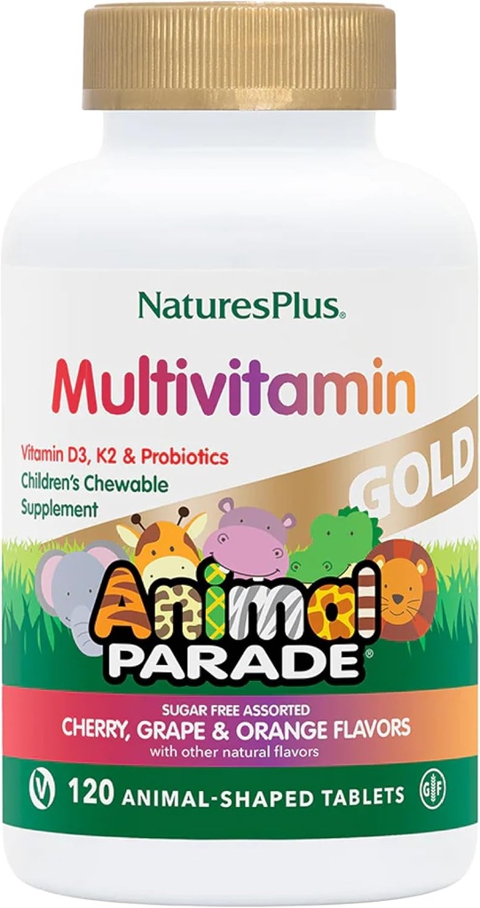 NaturesPlus Animal Parade Gold Children 's Multivitamin - Asported Cherry, Orange & Grape Flavors - 120 Animall-Shaped Chewable Tablet, Pack 3 - Vegan, Gluten Free - 180 Total Servings
