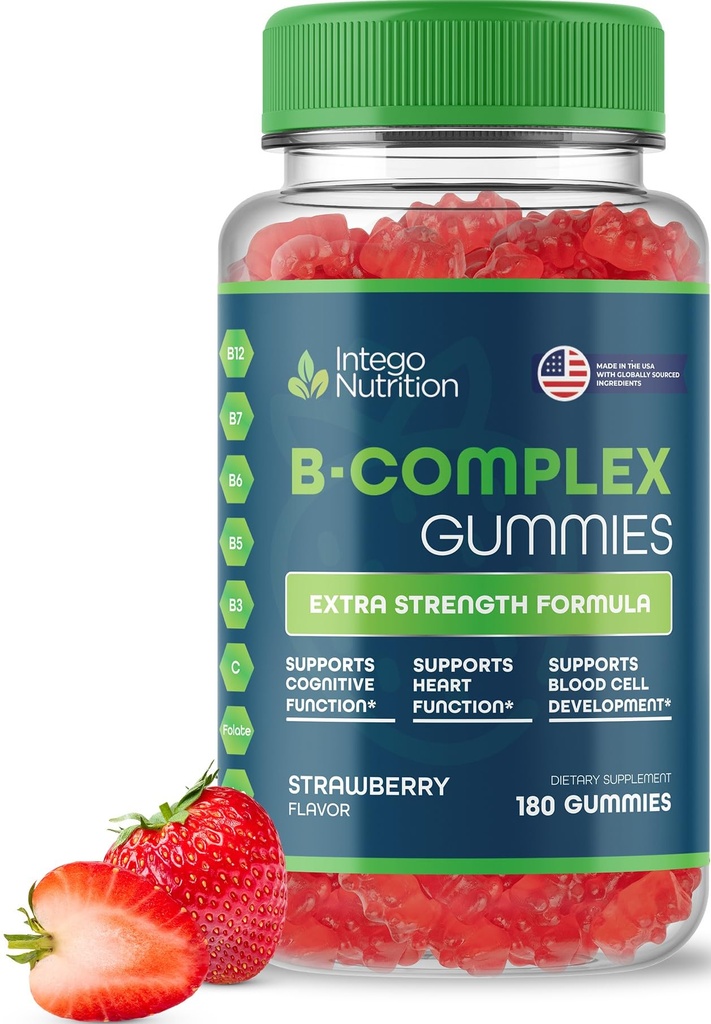 Gumi Vitamin B Kompleks untuk Orang Dewasa, B Kompleks Vitamin Suplemen untuk Perempuan dan Pria, B Vitamin Kompleks Gummides for Energy and Brain Health, Natural Strawberry Flavor, 180 Count