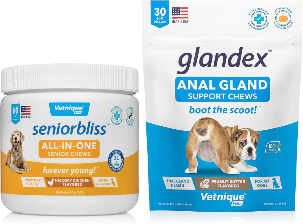 VETNIQUE Sentife bliss All - inOne Multivitamin Chews for Senior Dogs (60ct) & Glandex Anal Gland Duck Peanut Butter Soft Chews for Dog (30ct) Bundle